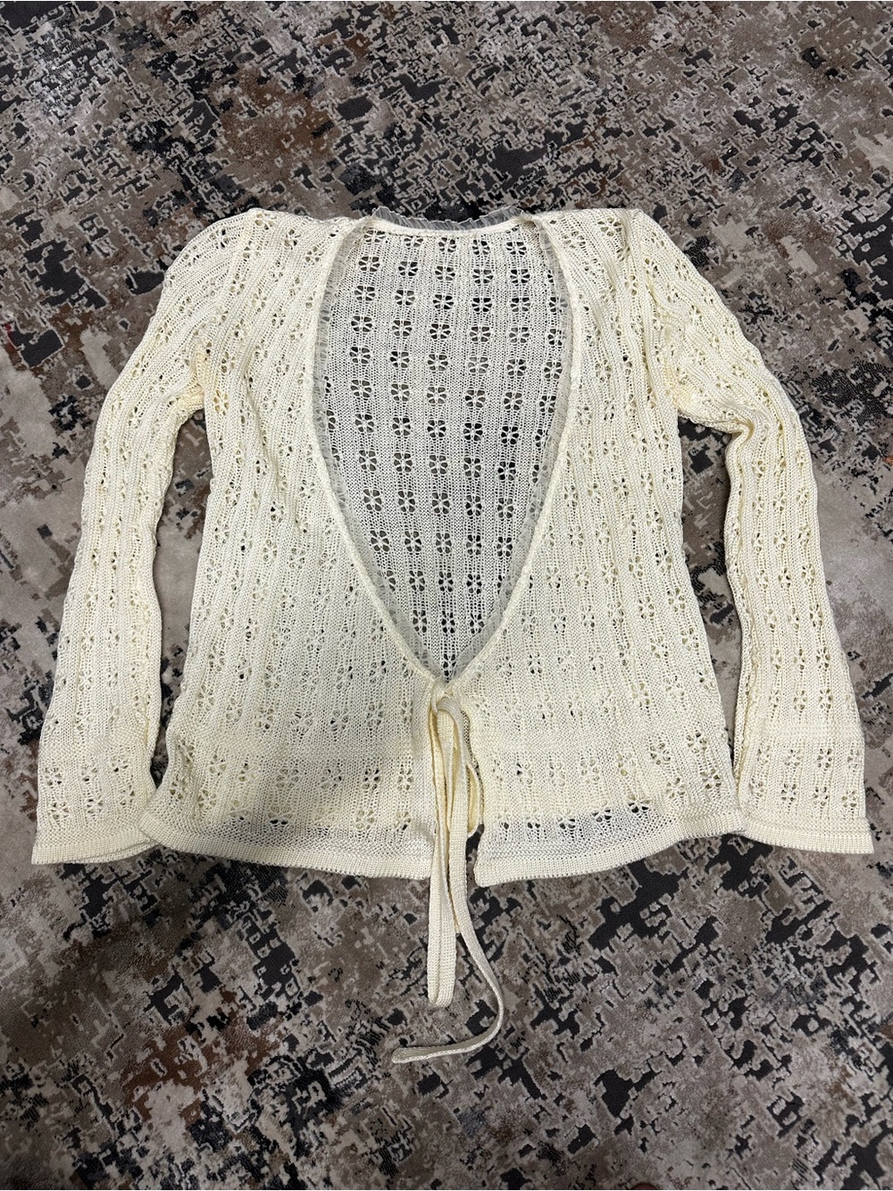 Pale Yellow Open-Knit Tie-Front Women's Sweater Cardigan